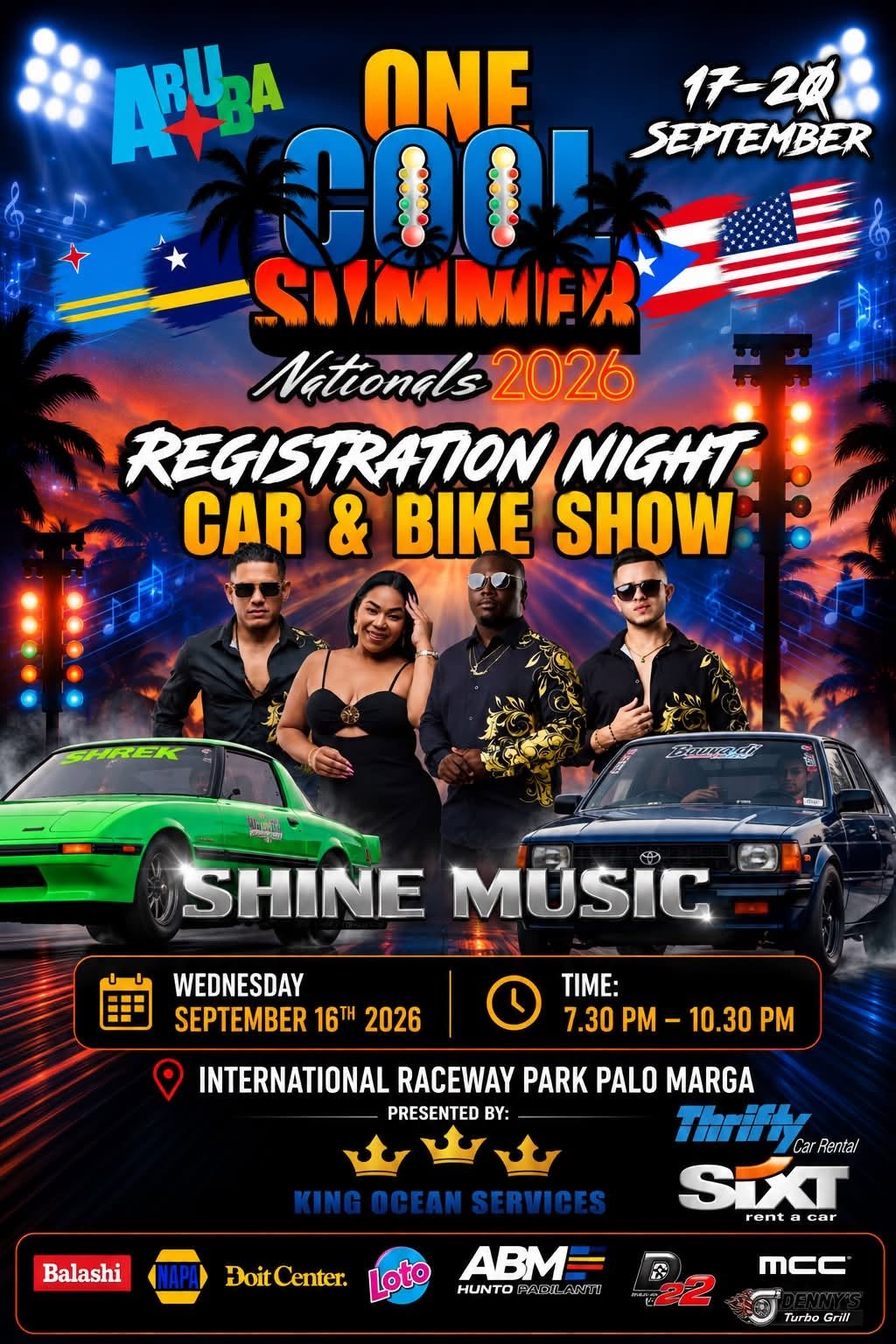 Aruba One Cool Summer Nationals 2026 Registration Night Car & Bike Show flyer, featuring Shine Music